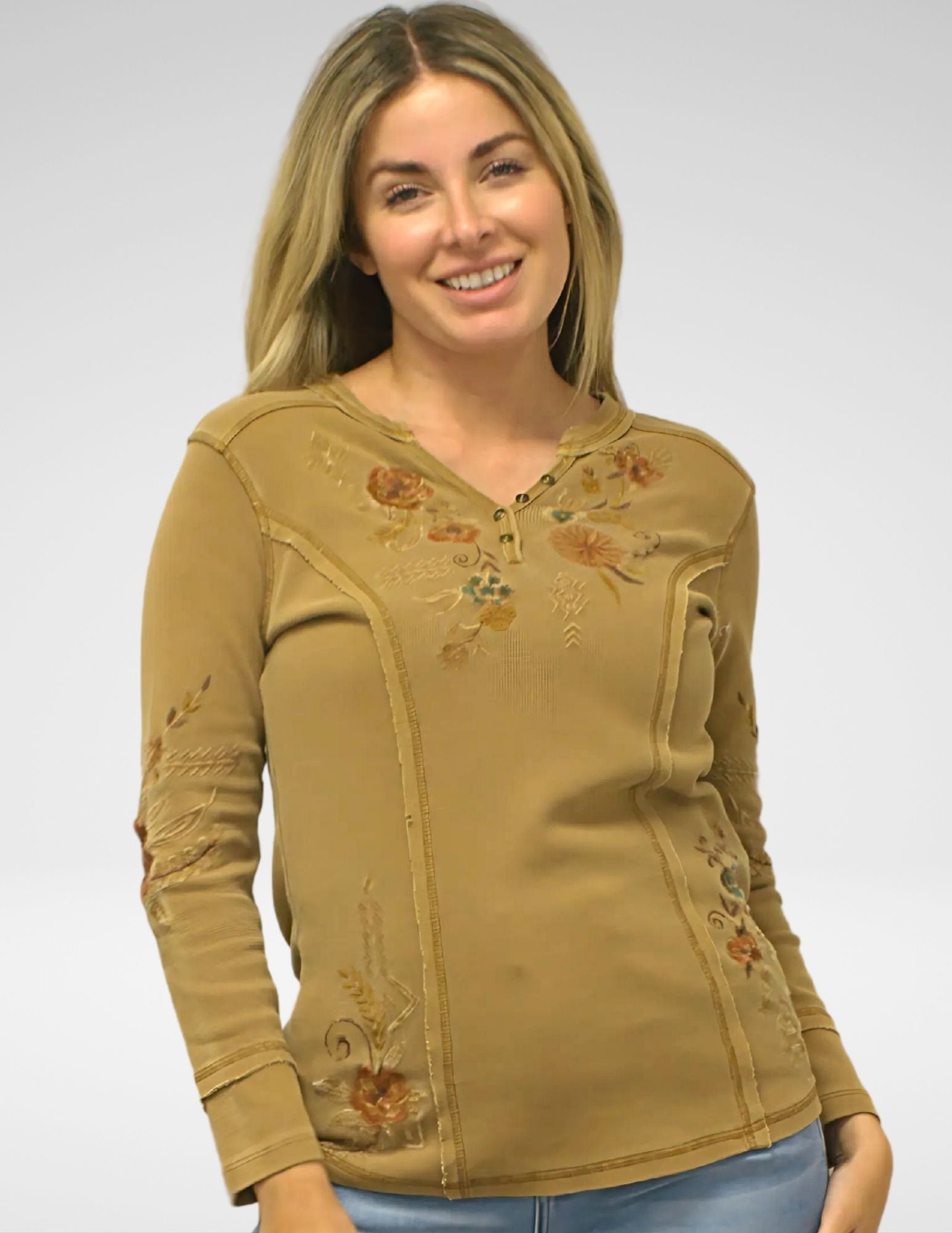Caite Vee Shirt, Embroidered Thermal S Caite Vee Shirt, Embroidered Thermal S