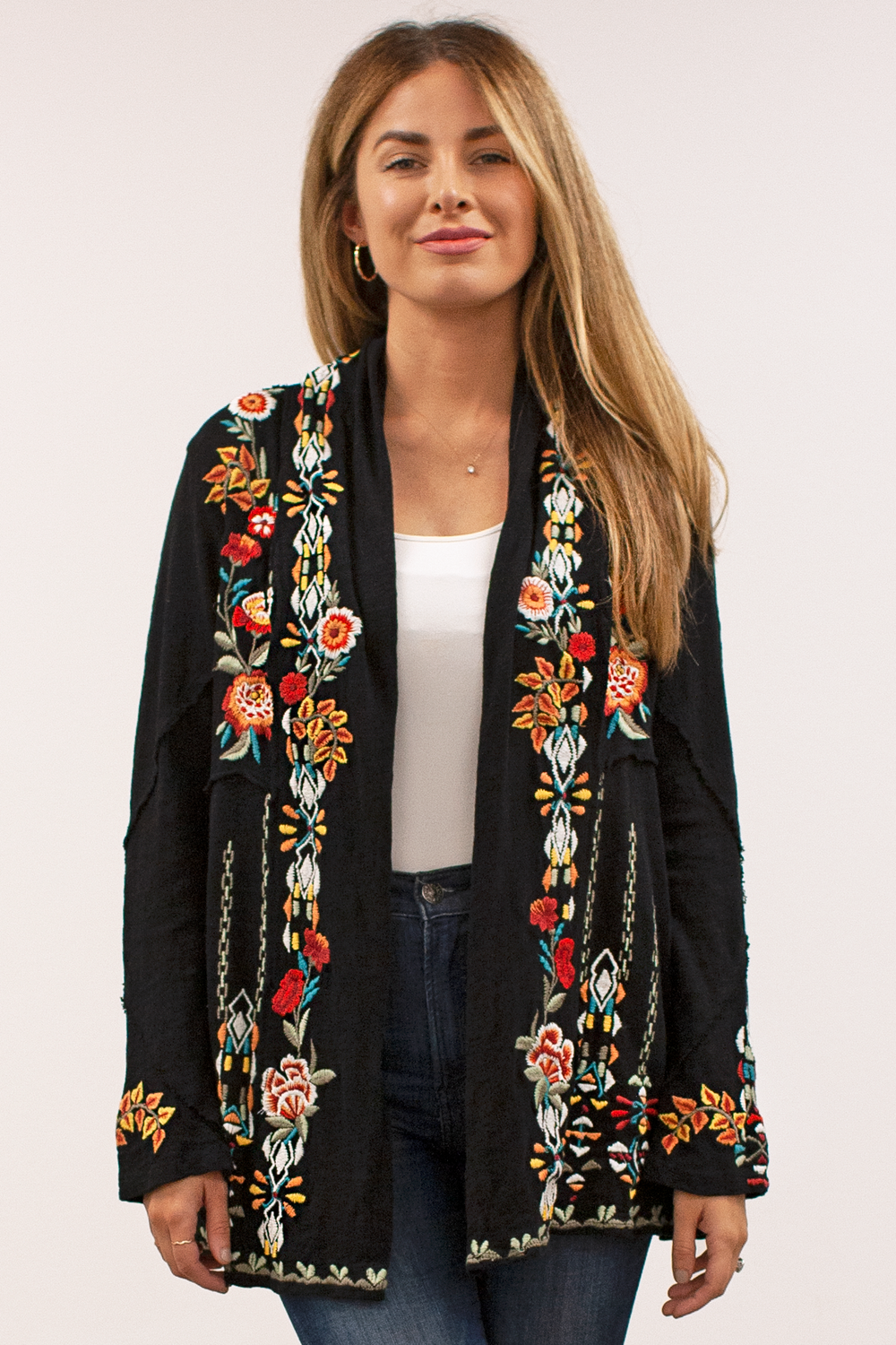 Caite Karina jacket/coat, open-front embroidered