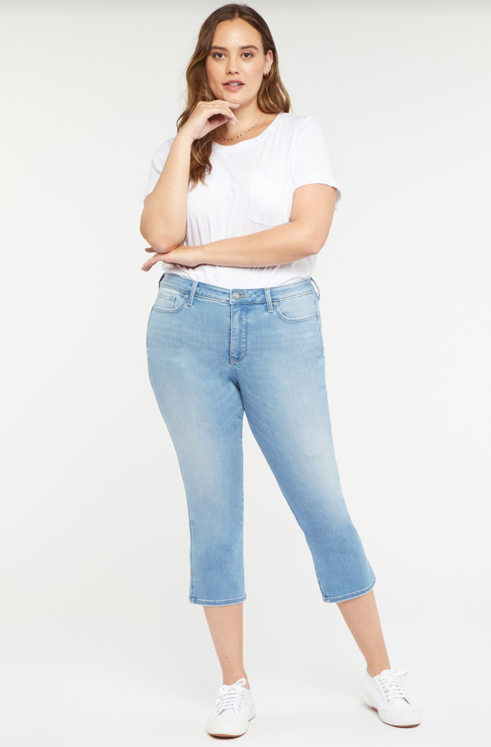 NYDJ Chloe Stretch Denim Side Slit Hem Slim-Leg Floral Capri Jeans