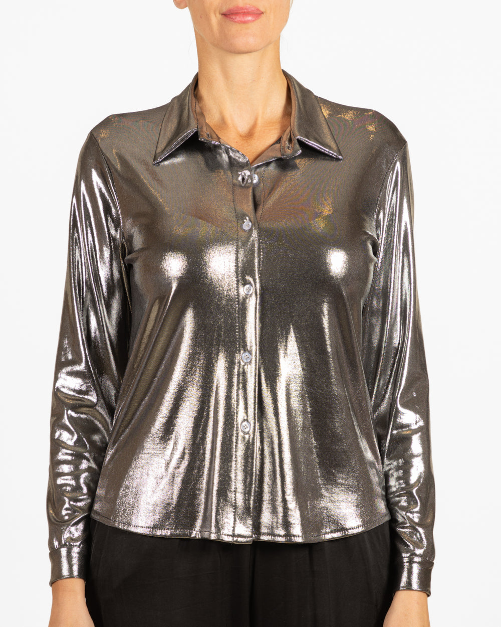 Angela Mara shirt, liquid silver button-front