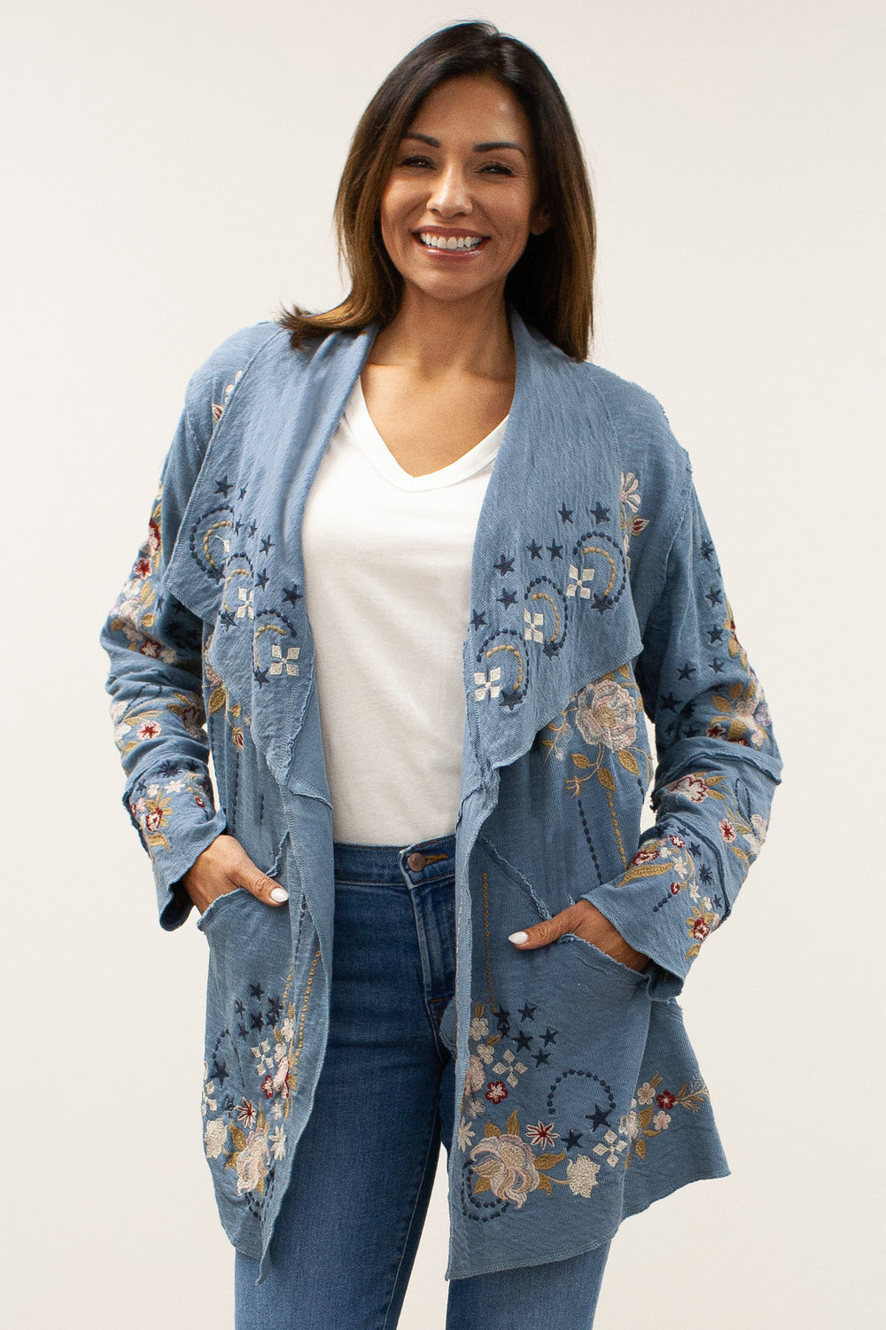 Caite Chandler jacket/coat, washed blue multicolor embroidery