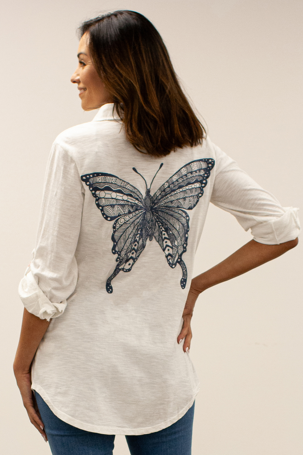 Caite Monroe shirt, embroidered butterfly