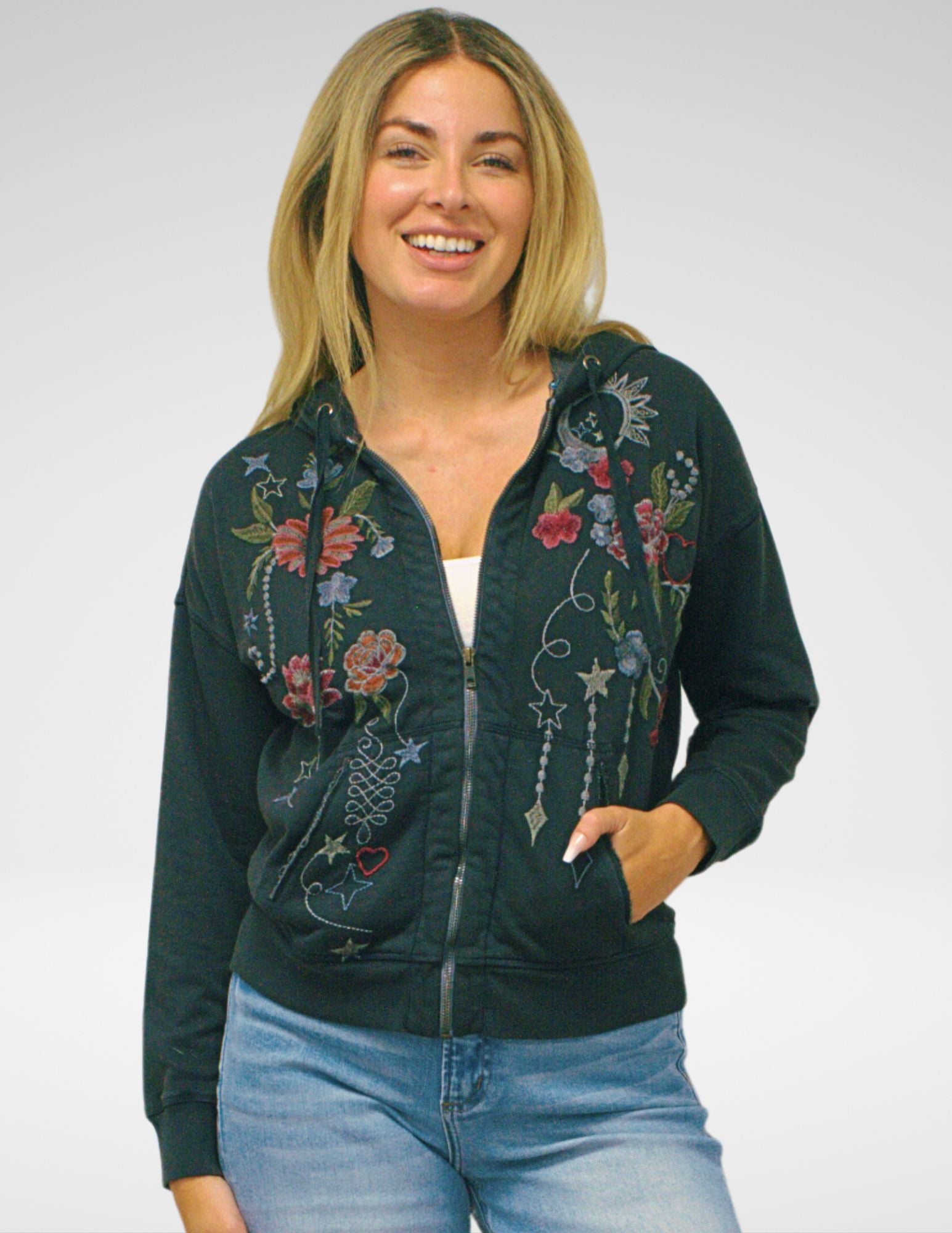 Caite Lulu hoodie, zip embroidered