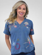 Caite Tessa t-shirt, multicolor embroidered v-neck