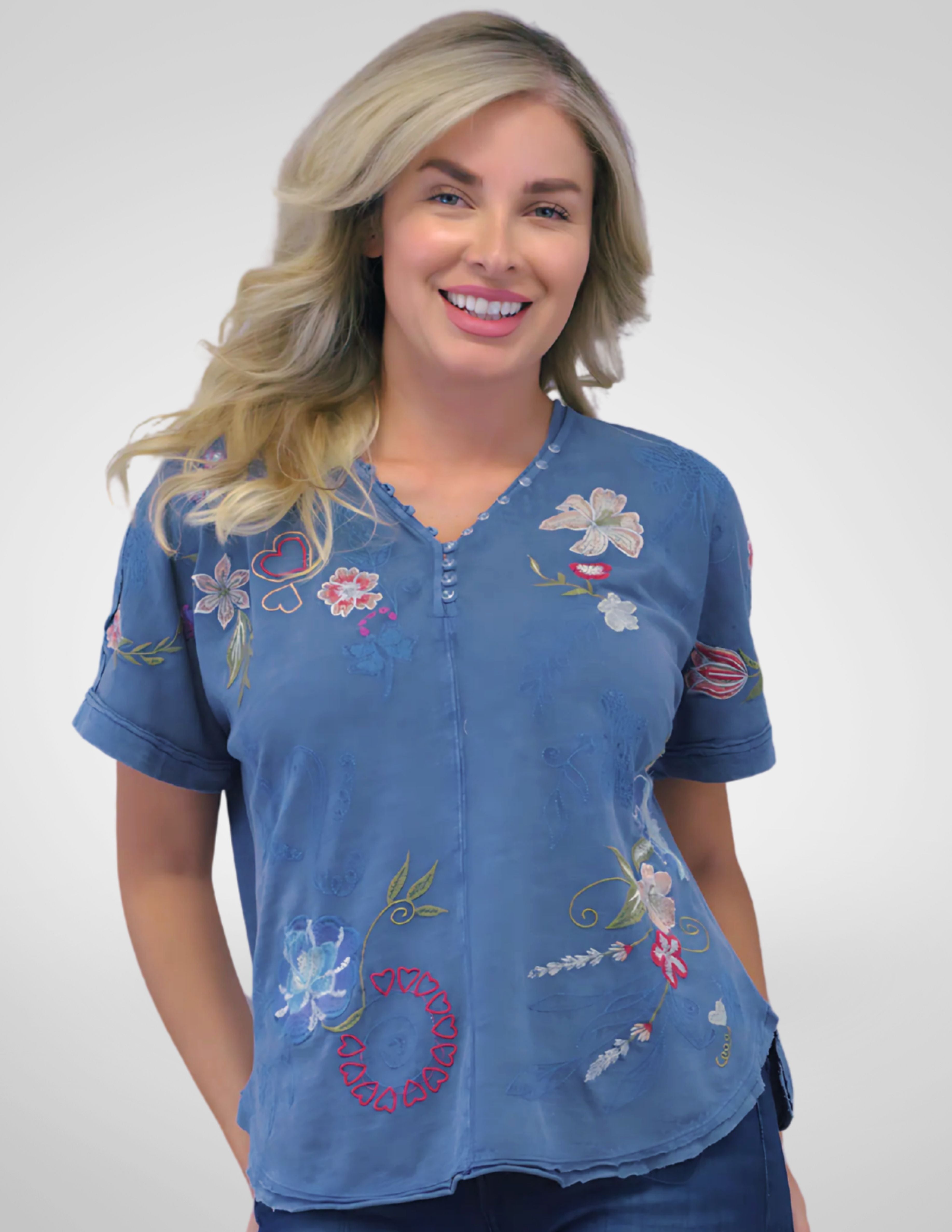 Caite Tessa t-shirt, multicolor embroidered v-neck
