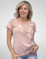 Caite Harper t-shirt, tonal embroidered v-neck