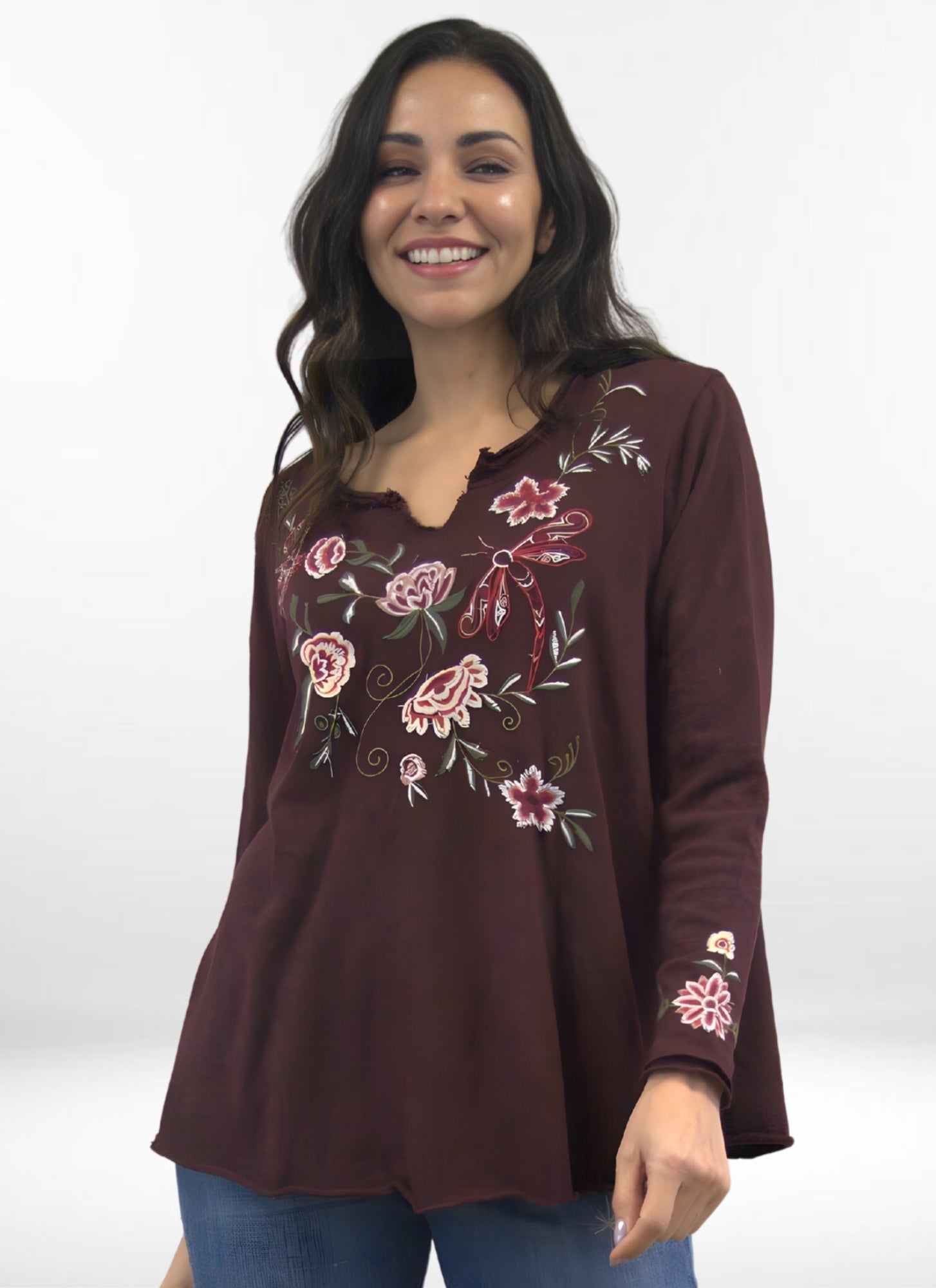 Caite Paola tunic, embroidered crew split-v
