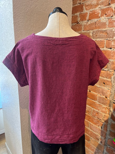 Camisa holgada de corte henley de lino y algodón con manga 3/4