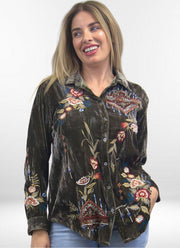 Kyla Seo Miki shirt, velvet button-front Fatigue Green
