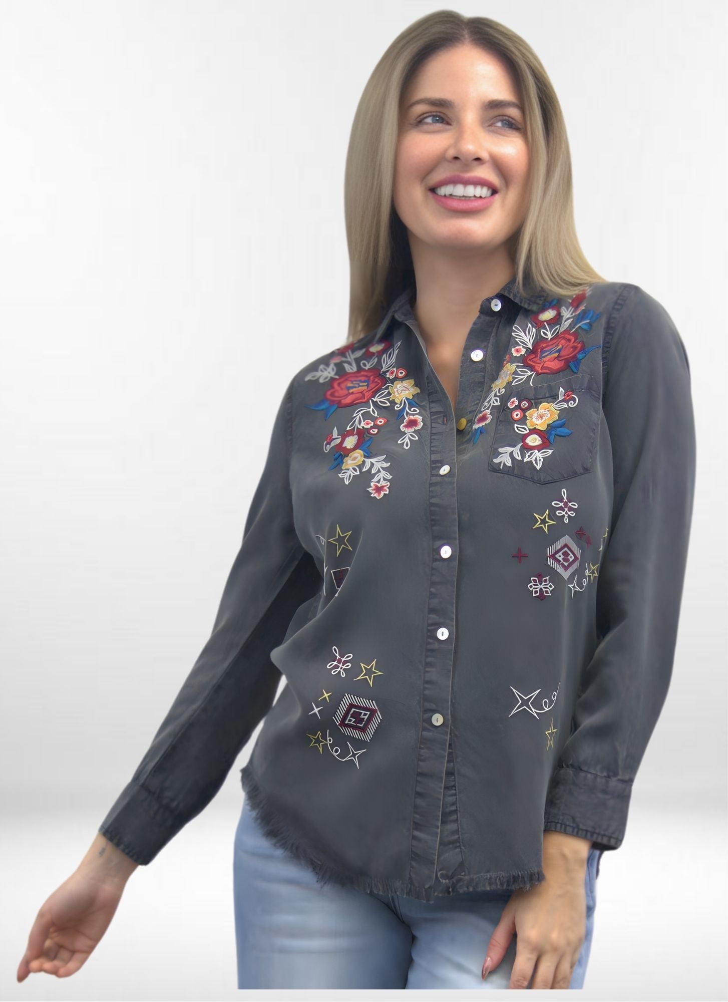 Kyla Seo Dahlia shirt, multi-color embroidered