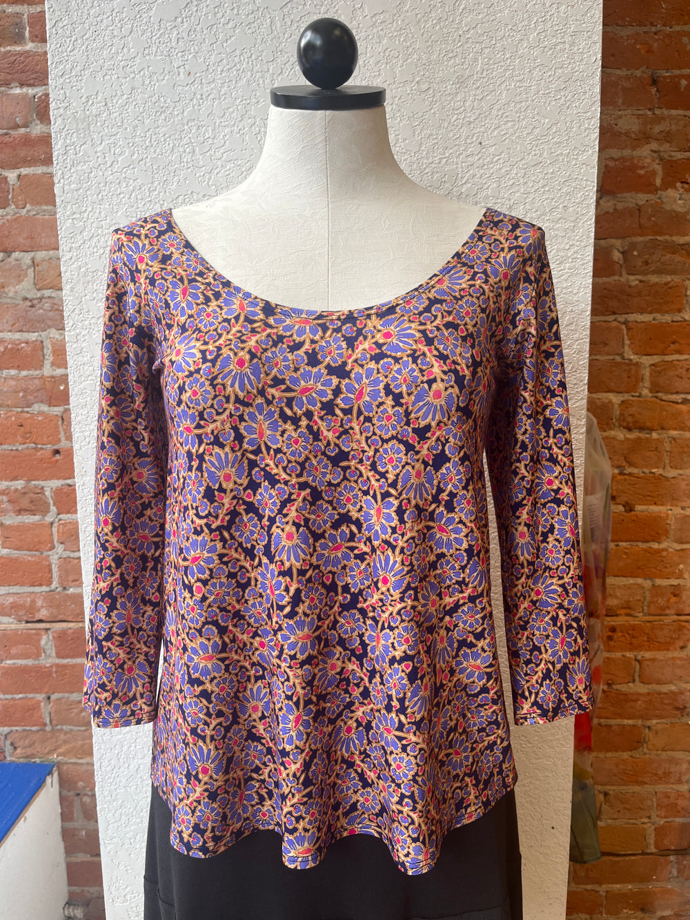 Salaam Cora shirt, 3/4 sleeve purple floral print