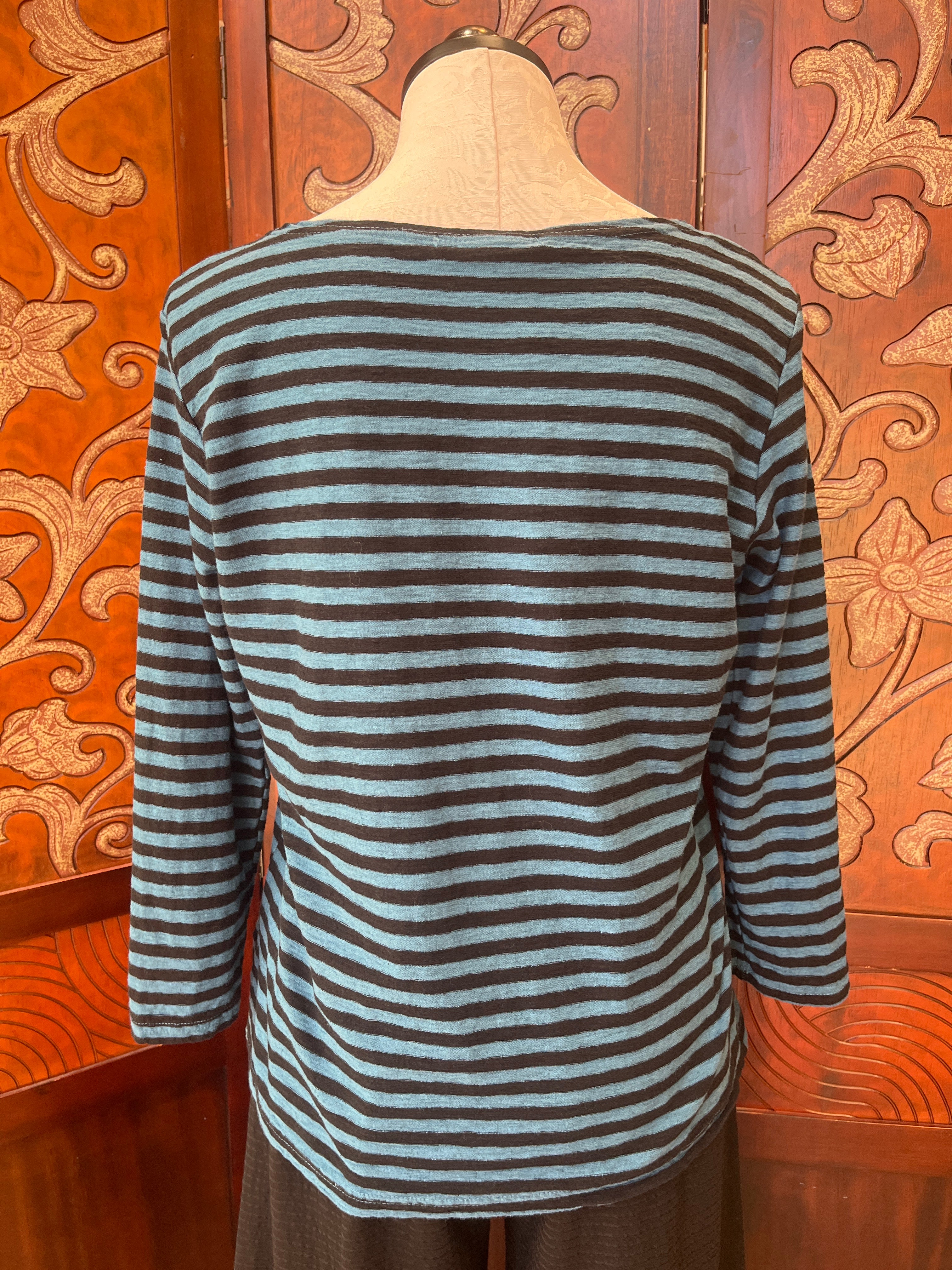 Cut Loose t-shirt, black stripe 3/4 sleeve boatneck Peacock and Iron