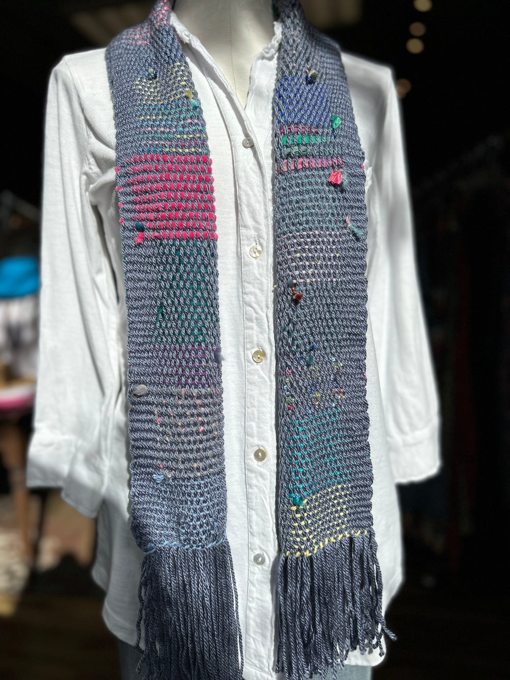 Natalie Reid scarf, narrow hand-woven fiber art