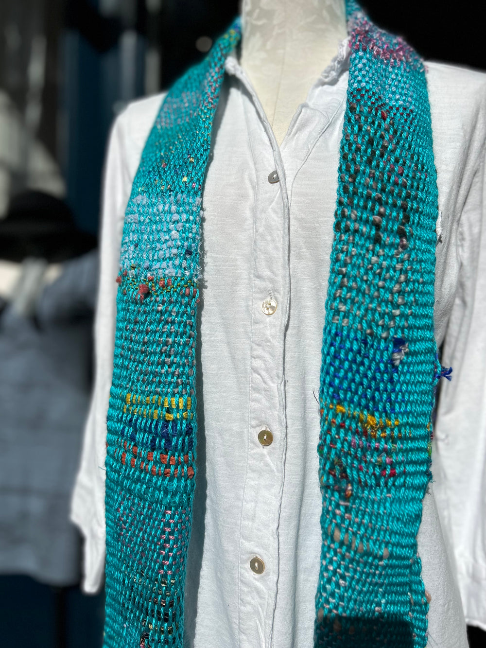 Natalie Reid scarf, narrow hand-woven fiber art