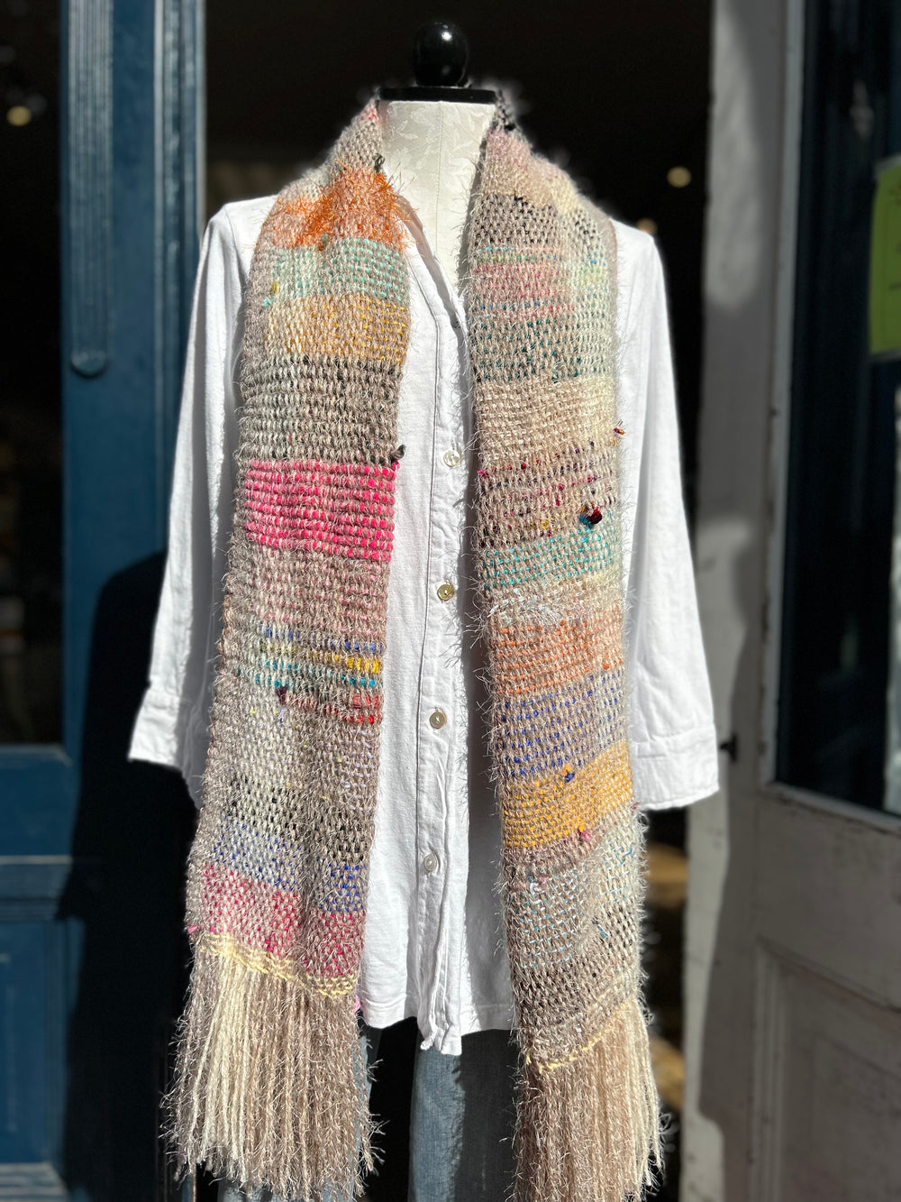 Natalie Reid scarf, wide hand-woven fiber art