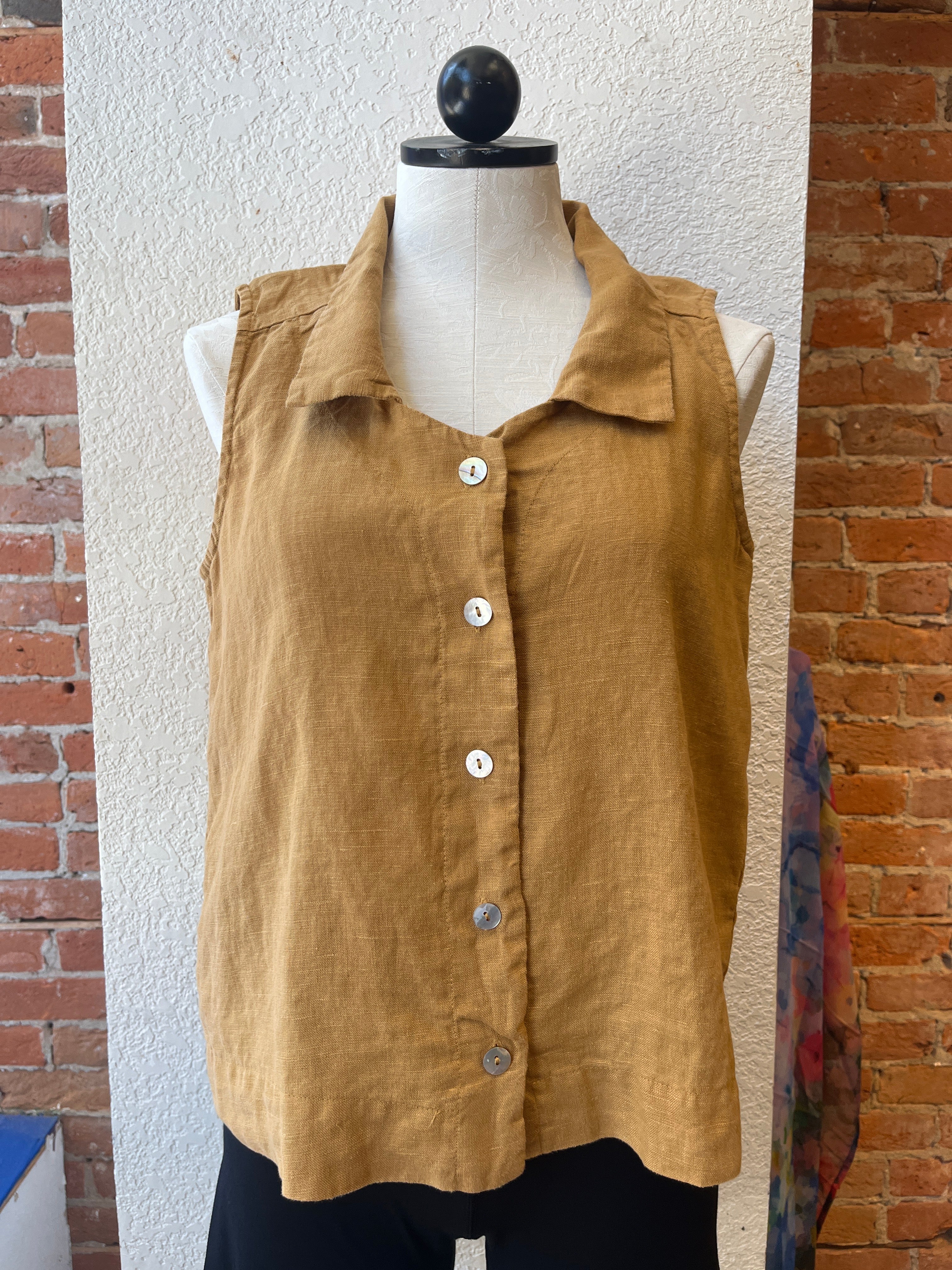 Camisa holgada de corte henley de lino y algodón con manga 3/4