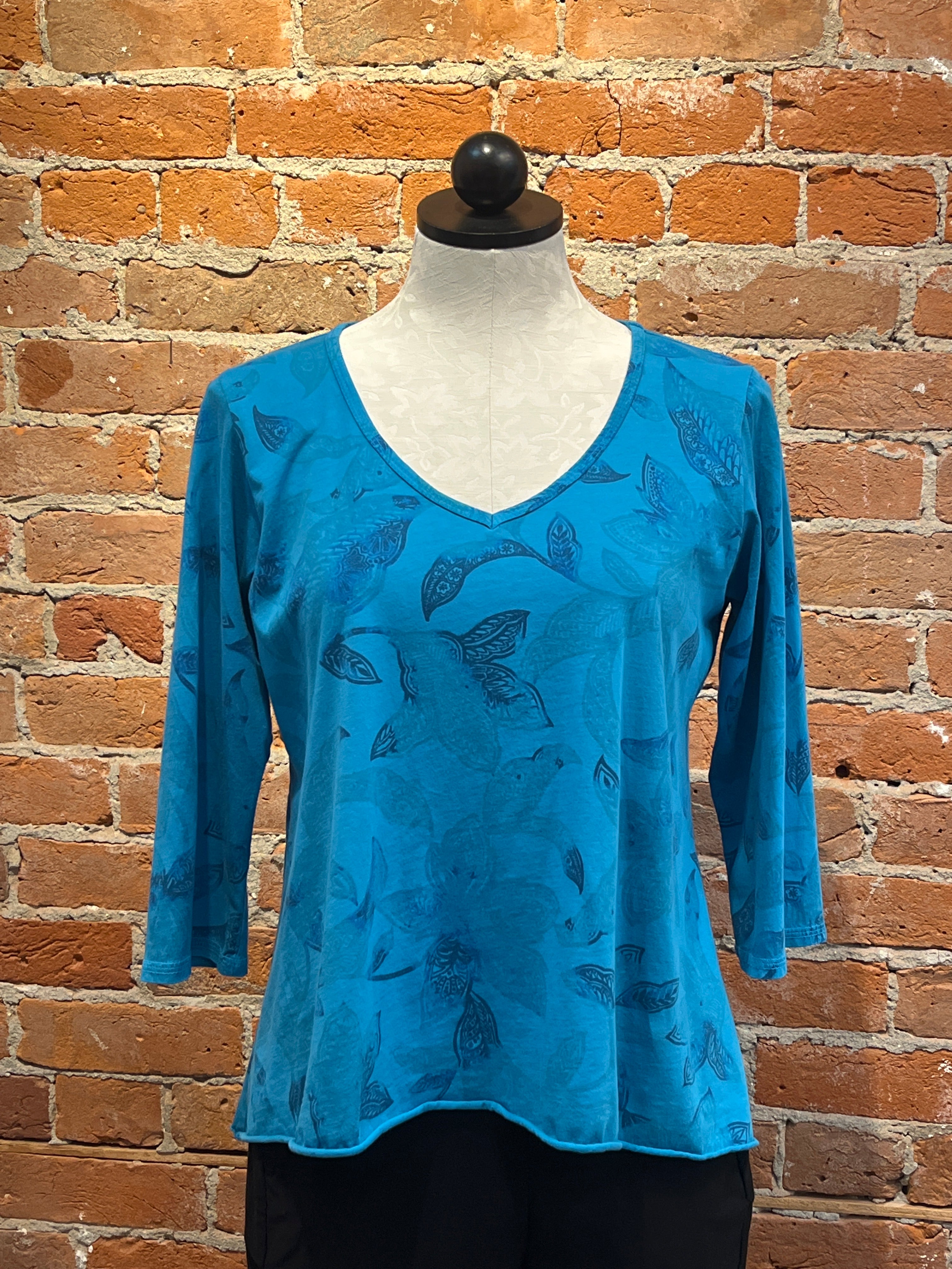 Prairie Cotton t-shirt 269, v-neck godet-back Methyl Blue