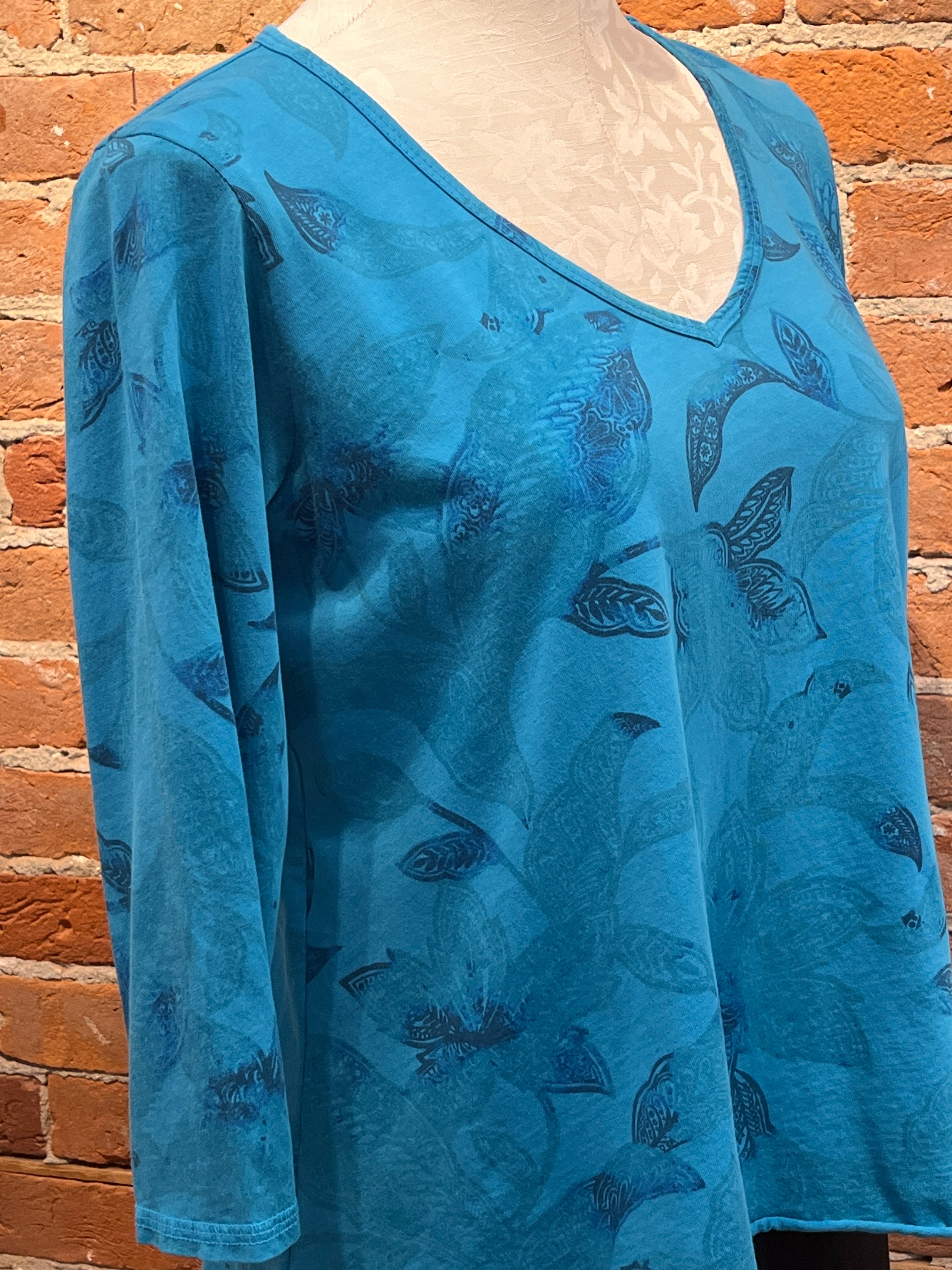 Prairie Cotton t-shirt 269, v-neck godet-back Methyl Blue