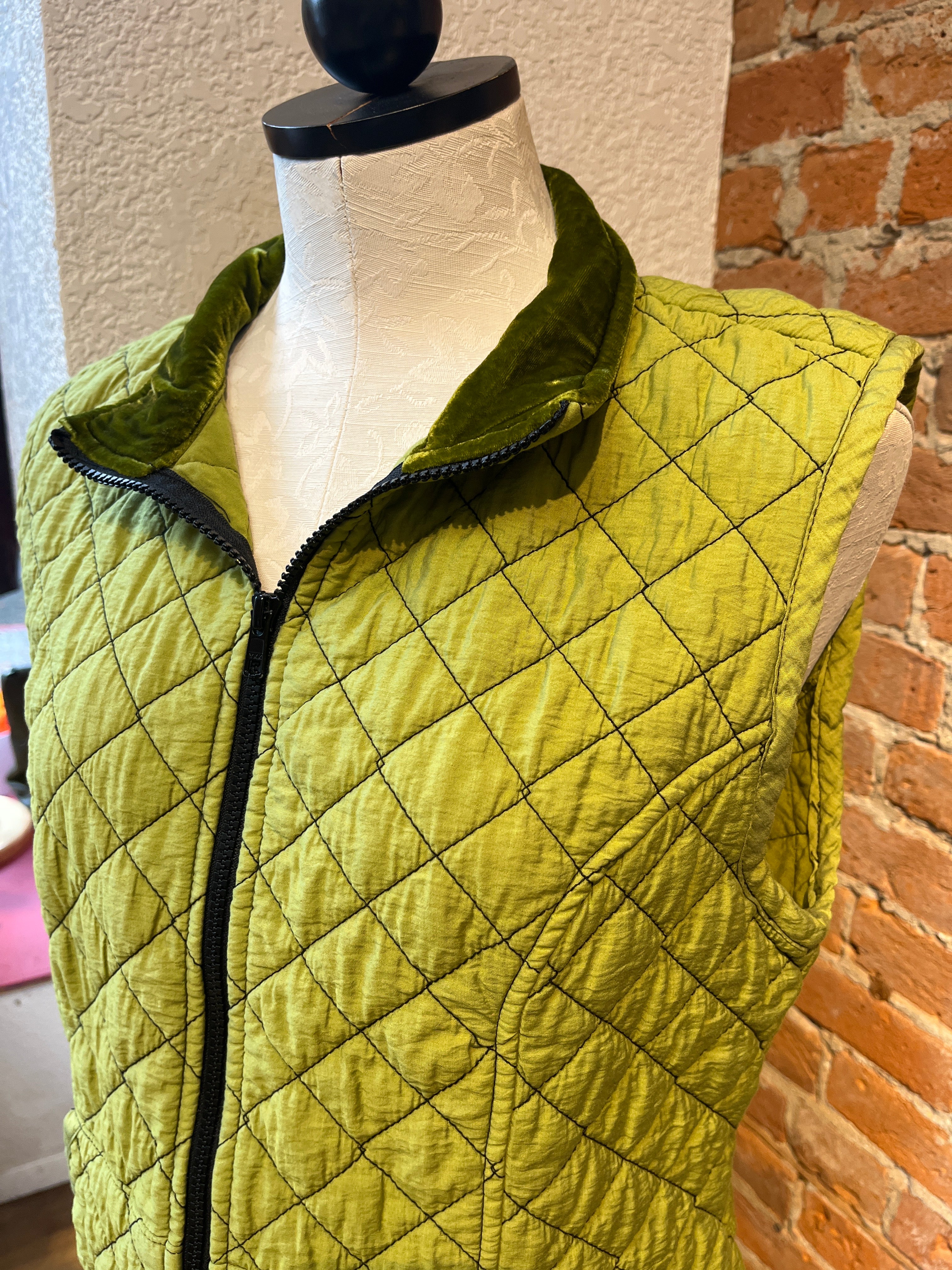 Cut Loose vest, quilted velvet trim
