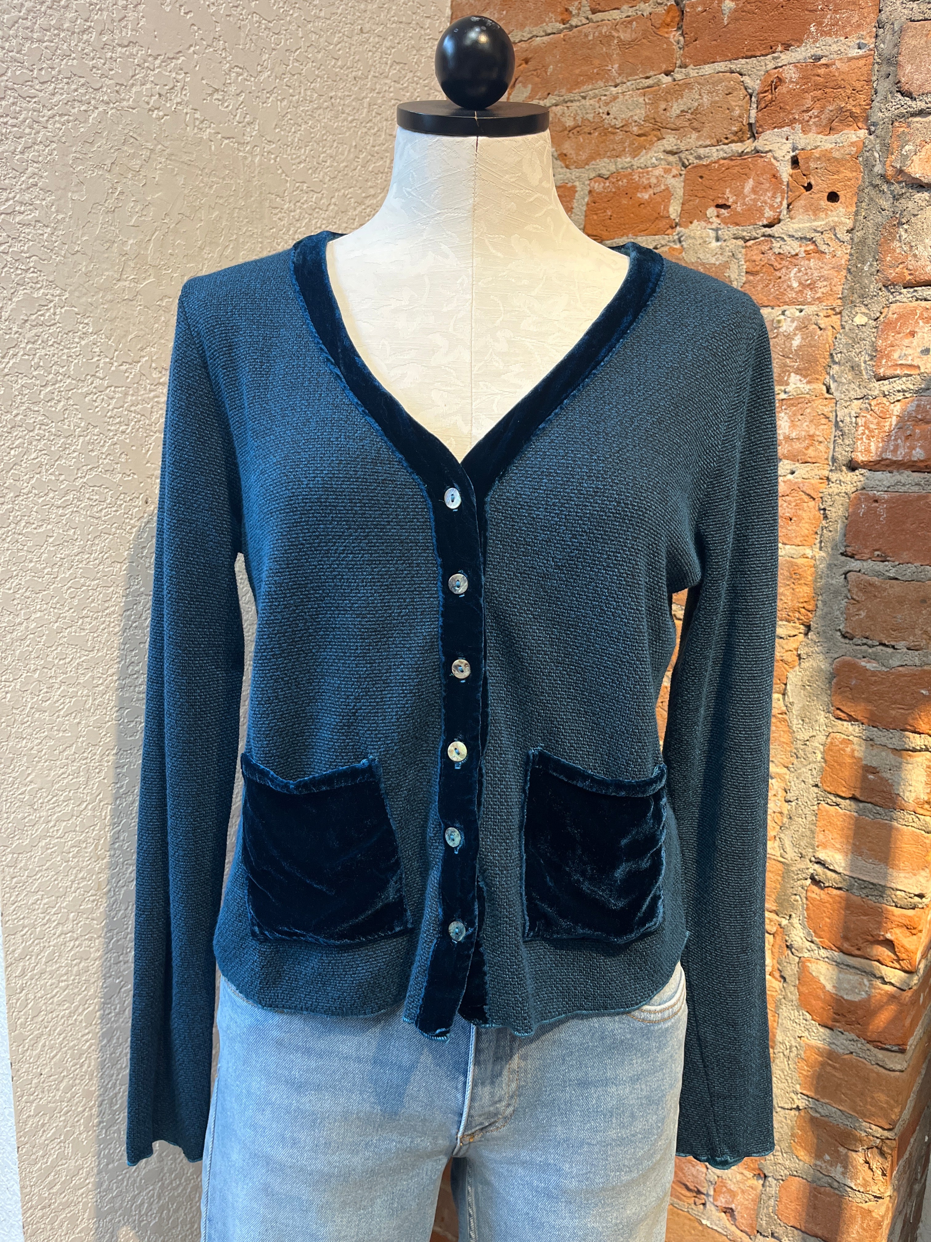 Cut Loose cardigan, velvet trim sweater knit