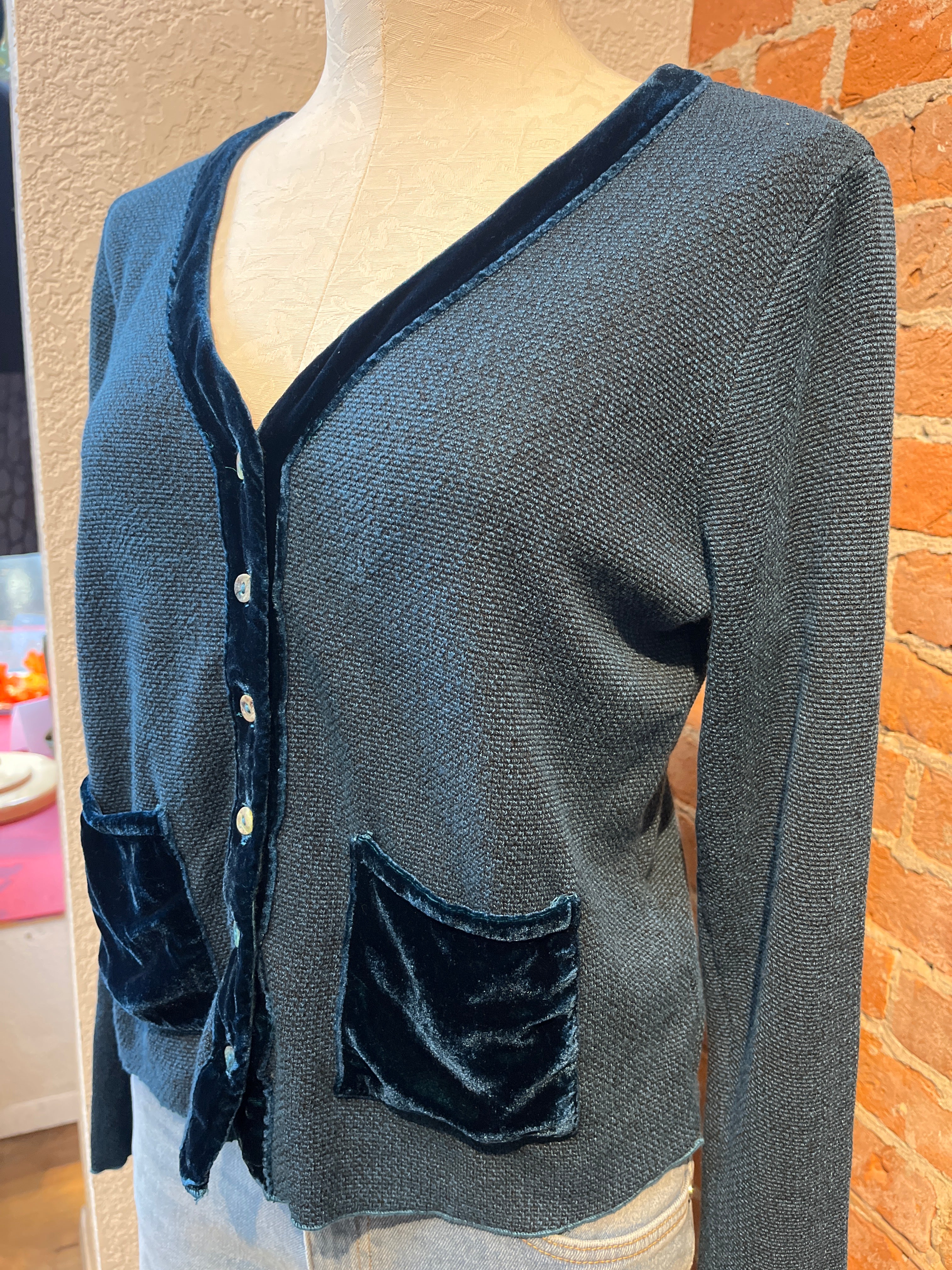 Cut Loose cardigan, velvet trim sweater knit