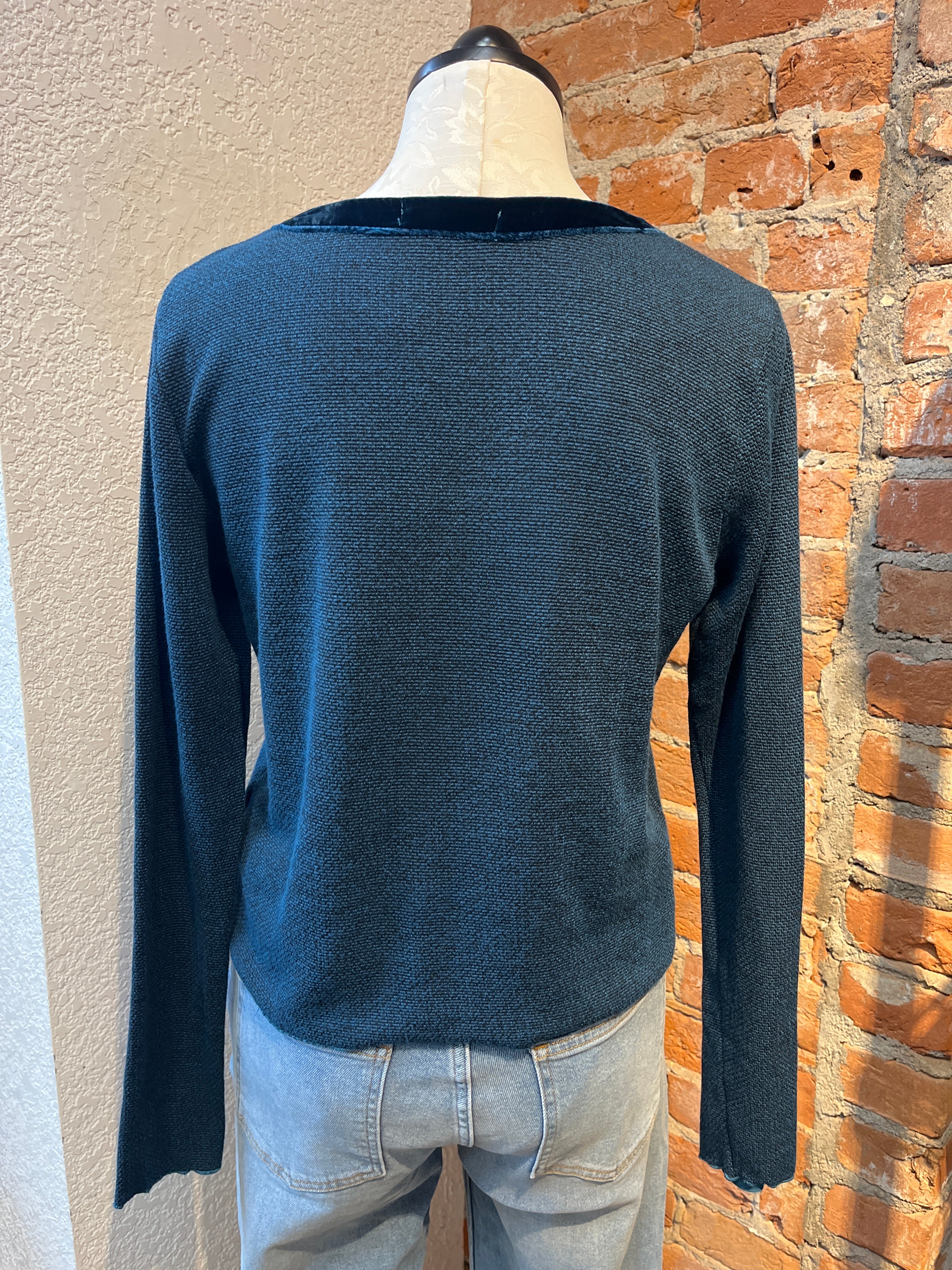 Cut Loose cardigan, velvet trim sweater knit