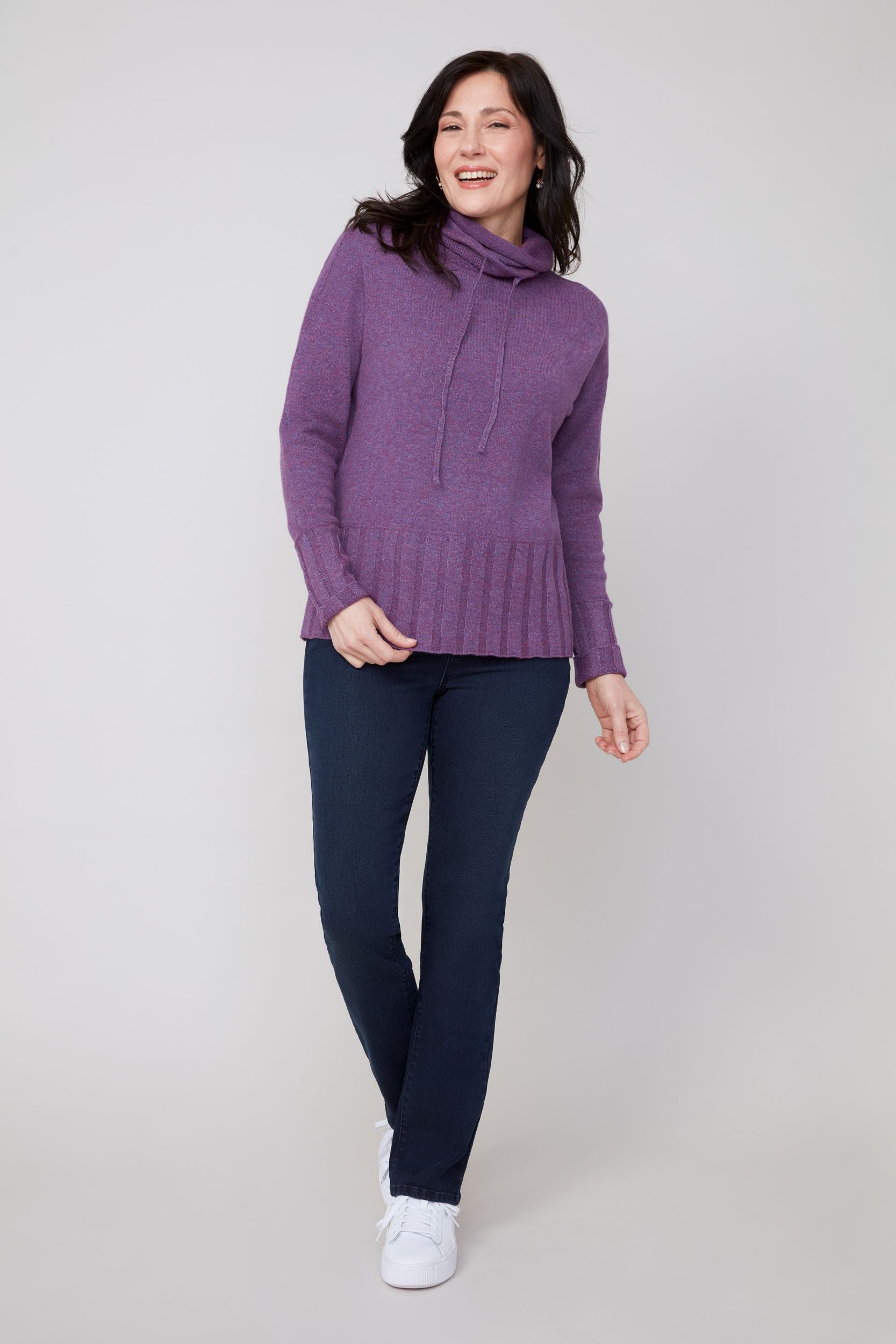 Renuar sweater 6940, drawstring funnel neck, heather plum