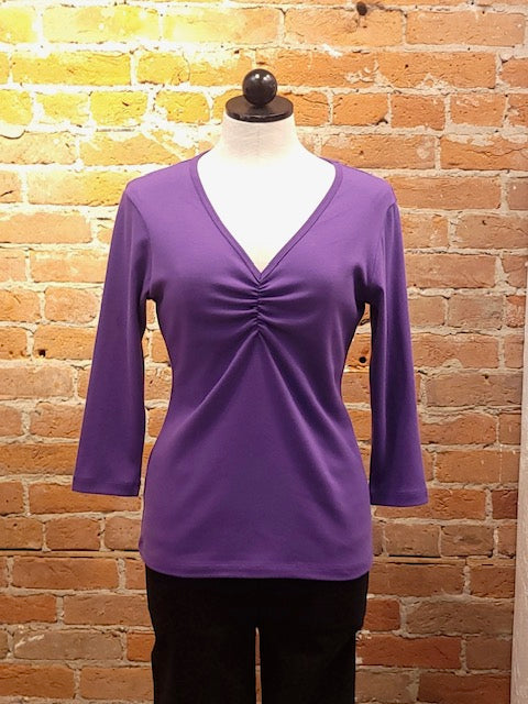 Necessitees t-shirt, shirred v-neck 3/4-sleeve