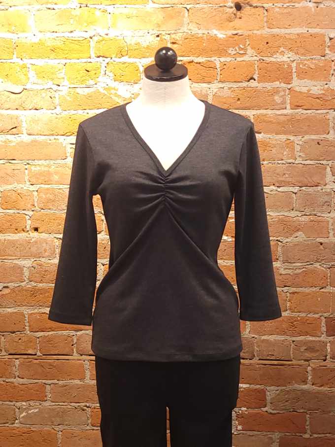 Necessitees t-shirt, shirred v-neck 3/4-sleeve