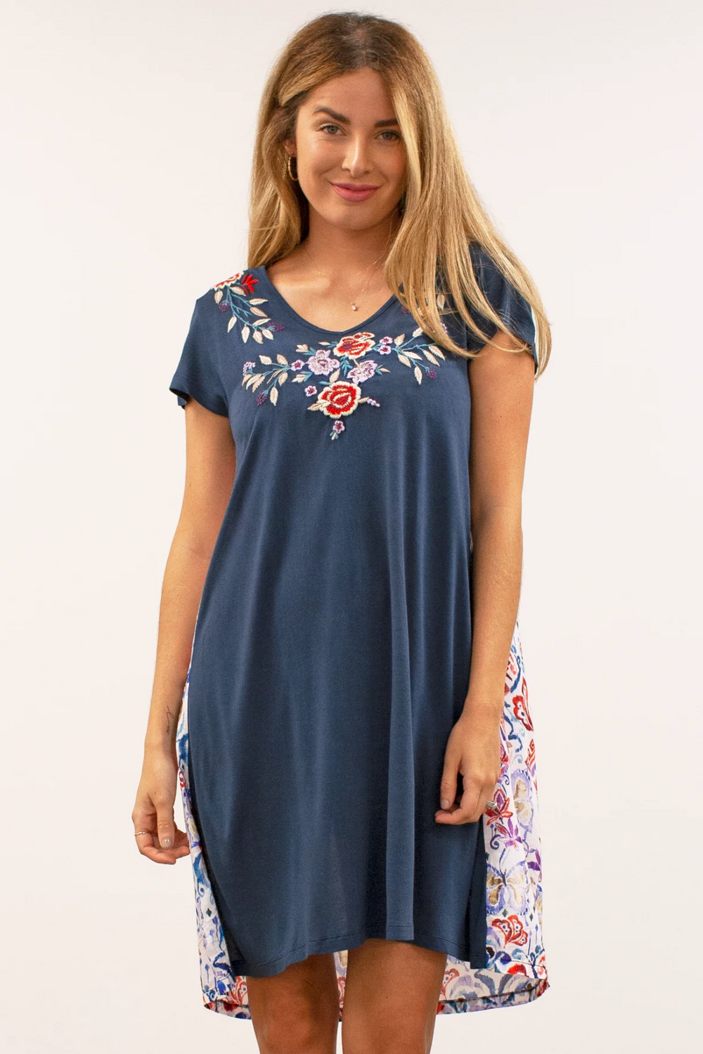 Caite Chloe dress, short sleeve embroidered rayon