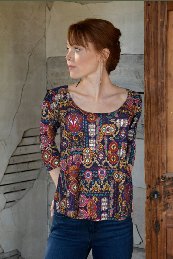 Salaam Cora shirt, 3/4 sleeve purple floral print SALE Size L