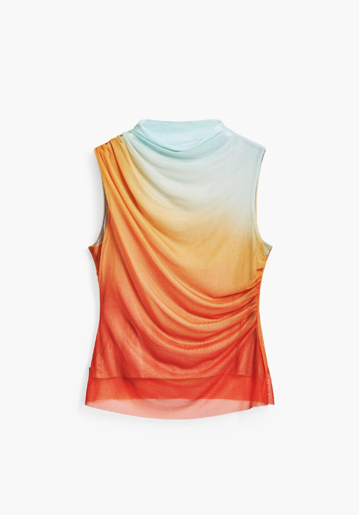 light blue, yellow, and orange shirt on white background 