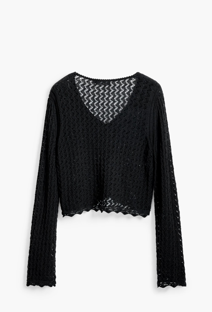 black sweater on white background, showing crochet detail