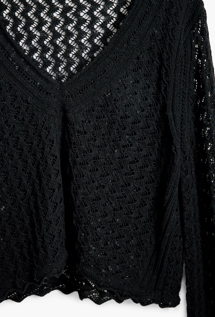 closer detail of sweater weave, showing trim on neck and scalloped edge of hem