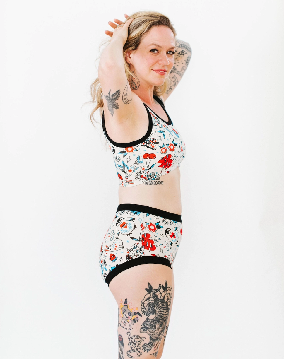 Thunderpants Longline bra, Inked Up print