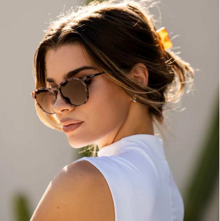 WMP Drew polarized sunglasses, blush pink tortoise/brown gradient lens