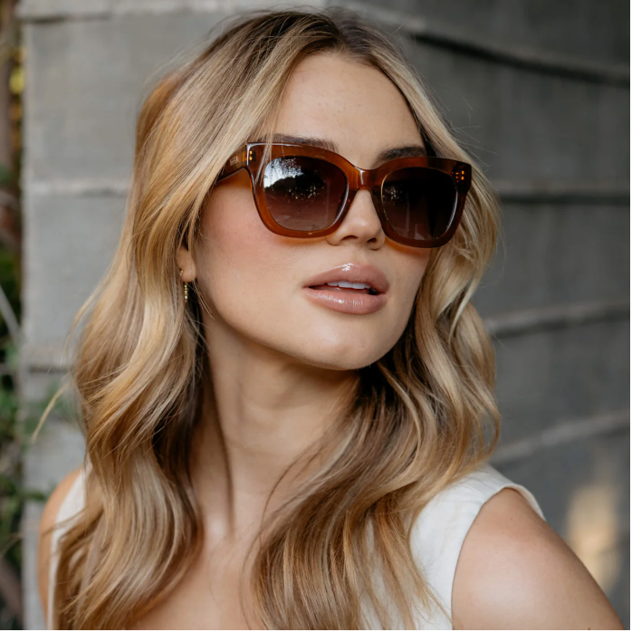 WMP Stormi polarized sunglasses, crystal chestnut brown frames with brown gradient lenses