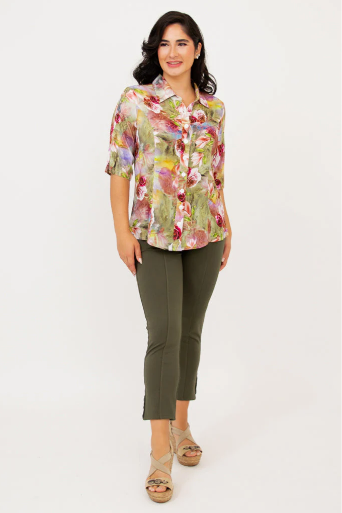 Blue Sky Lorine shirt, bamboo linen Norwich print