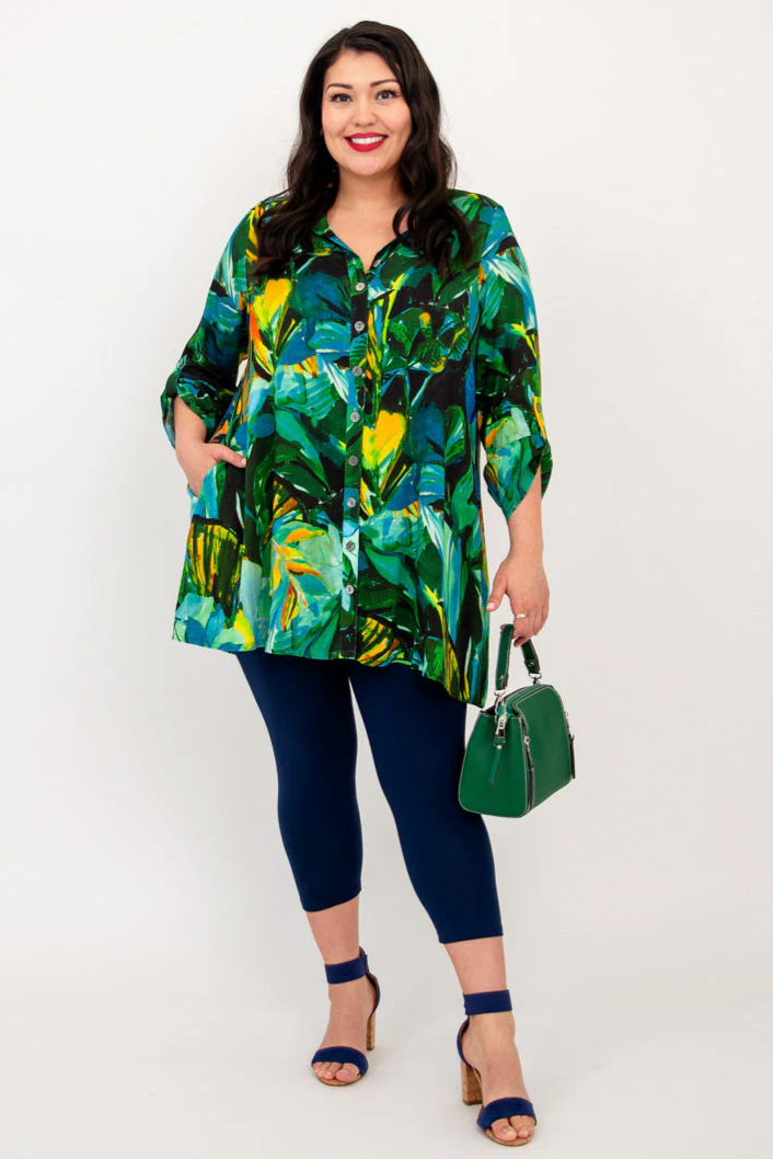 Blue Sky Celine tunic, bamboo linen Greenroom print