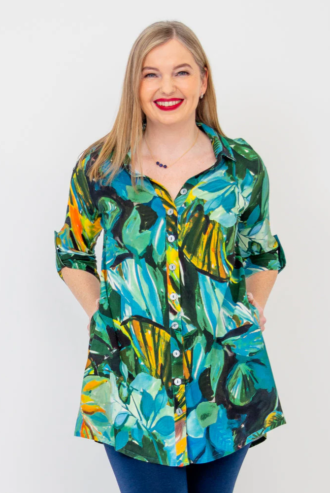 Blue Sky Celine tunic, bamboo linen Greenroom print