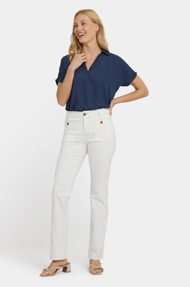 NYDJ Marilyn straight jeans, round patch pocket Vintage White