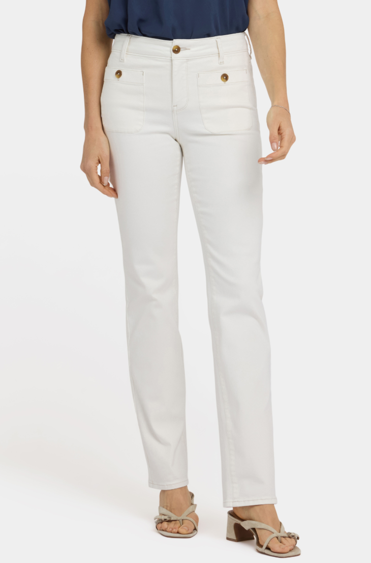 NYDJ Marilyn straight jeans, round patch pocket Vintage White