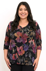 Blue Sky Jackie shirt,  3/4 sleeve Pink Petals print