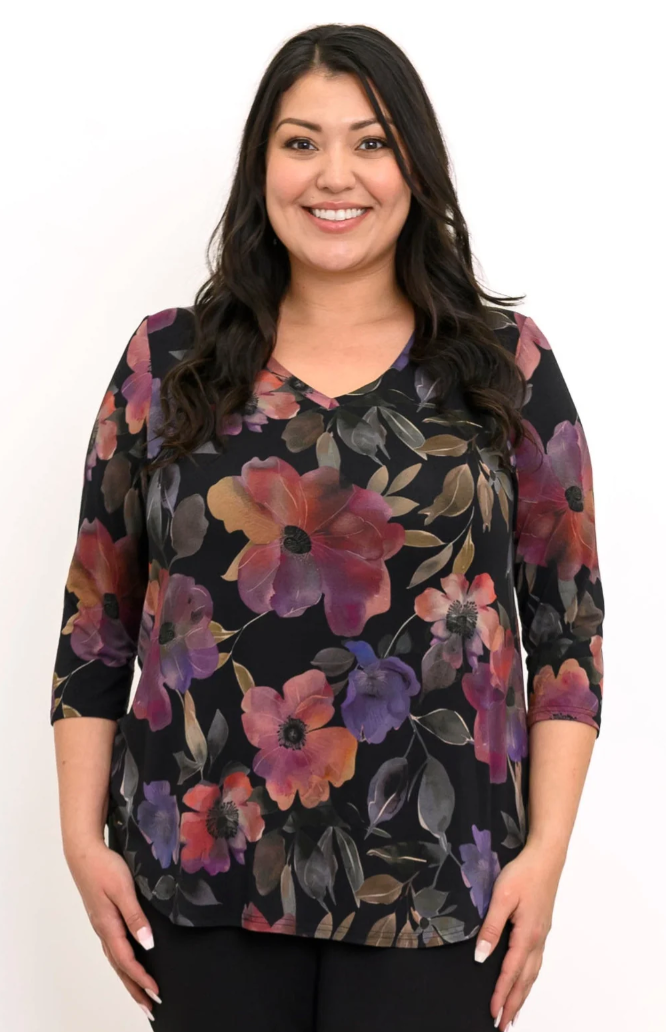 Blue Sky Jackie shirt,  3/4 sleeve Pink Petals print