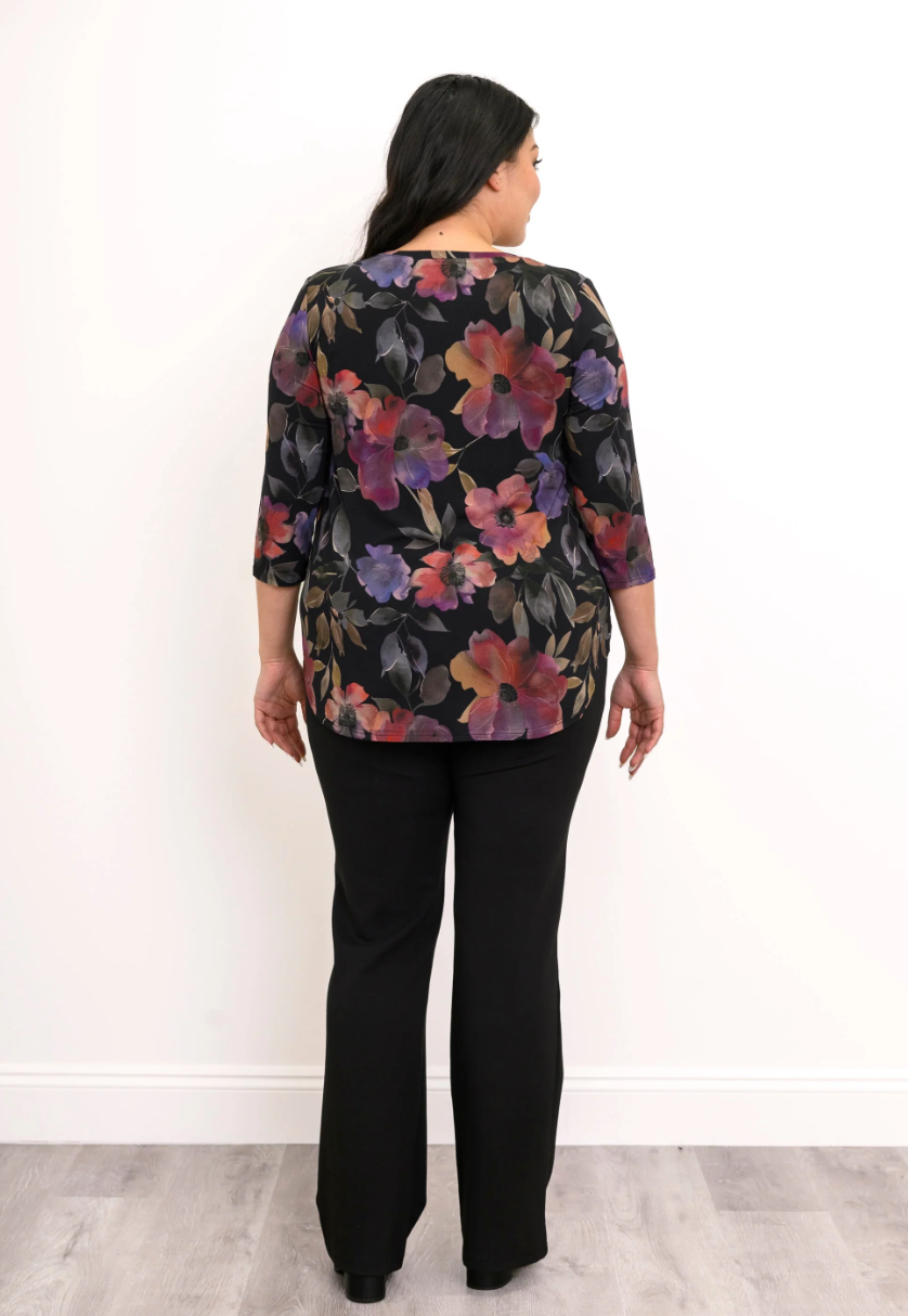 Blue Sky Jackie shirt,  3/4 sleeve Pink Petals print