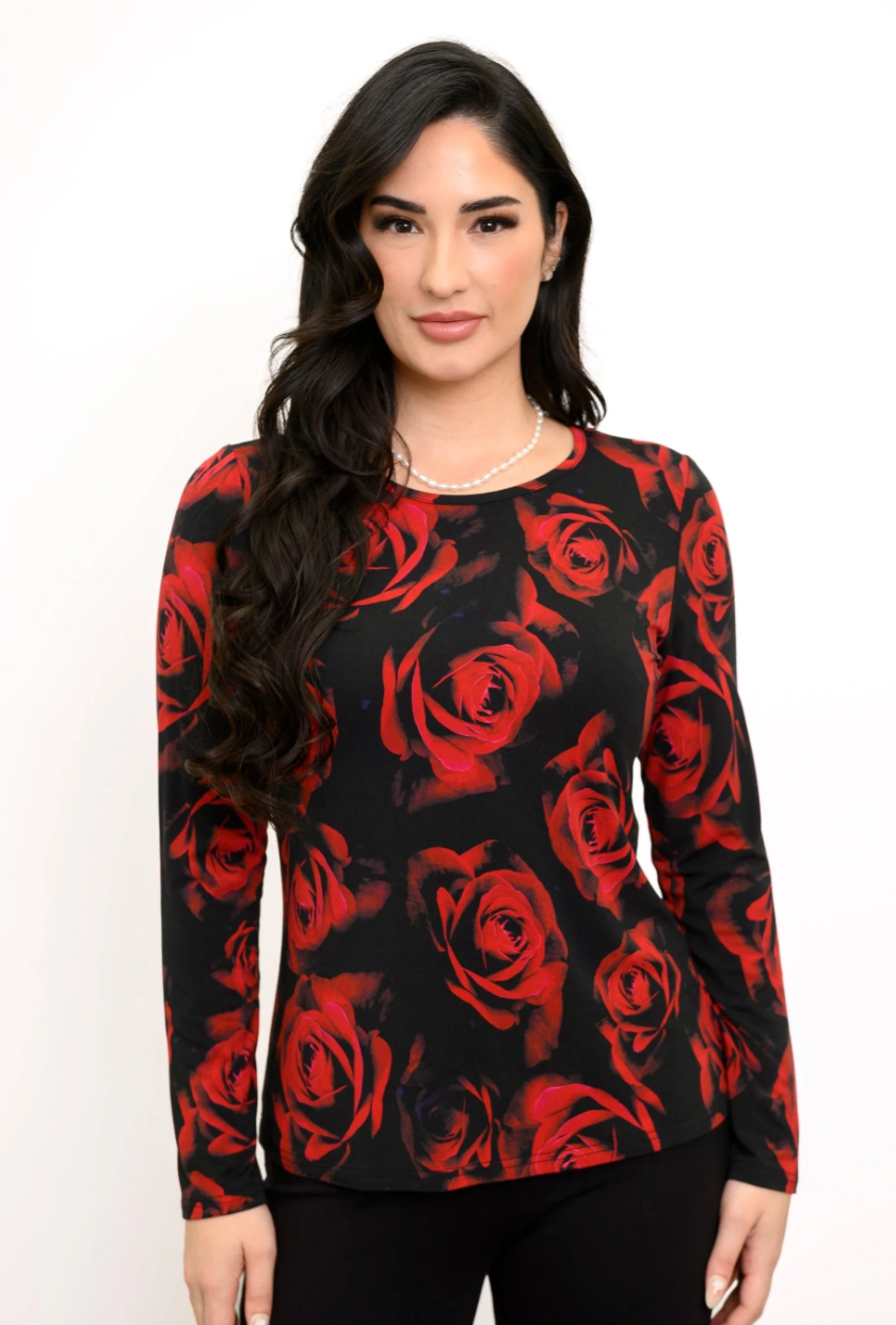 Blue Sky Mariah shirt,  Red Rose print