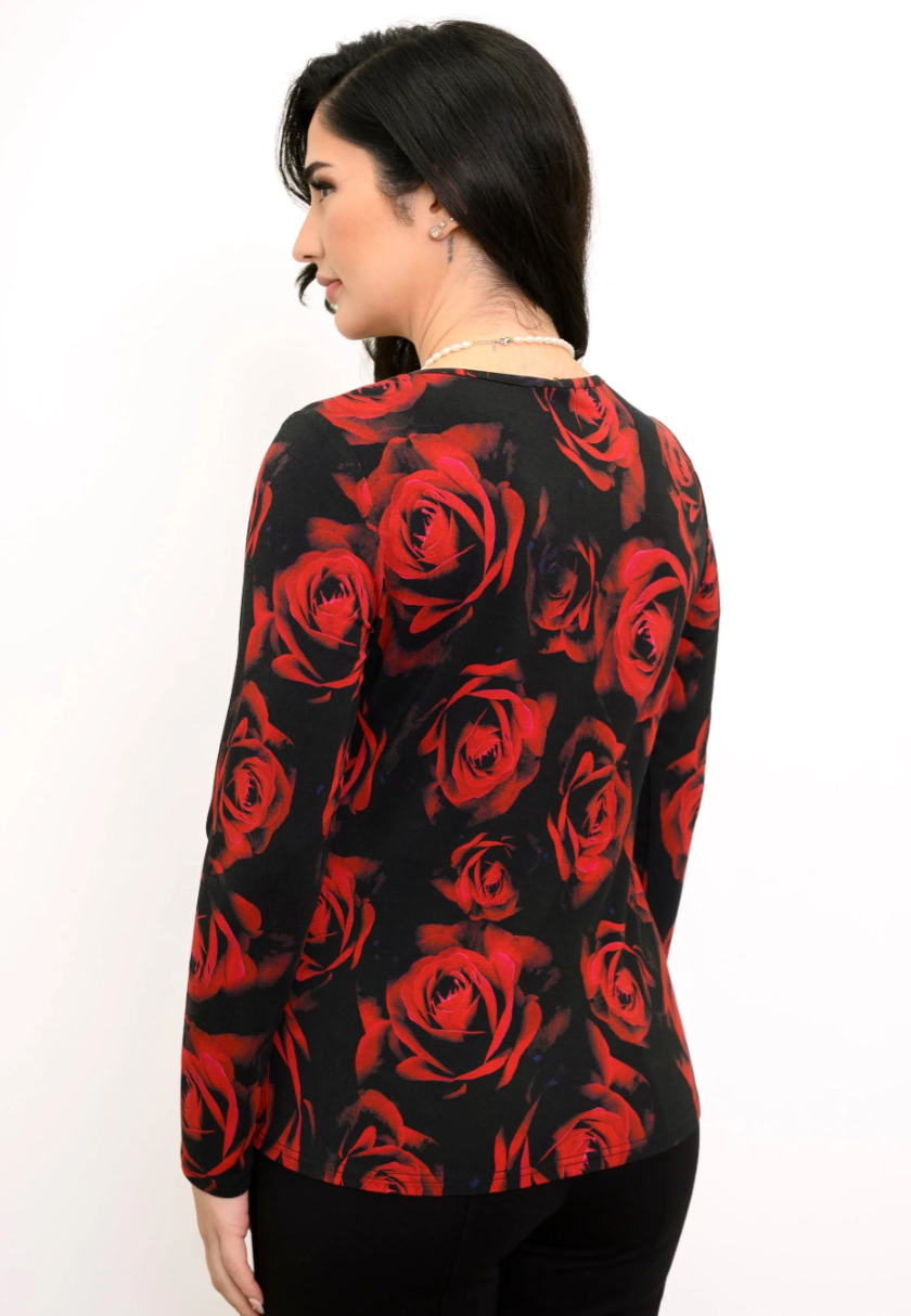 Blue Sky Mariah shirt,  Red Rose print
