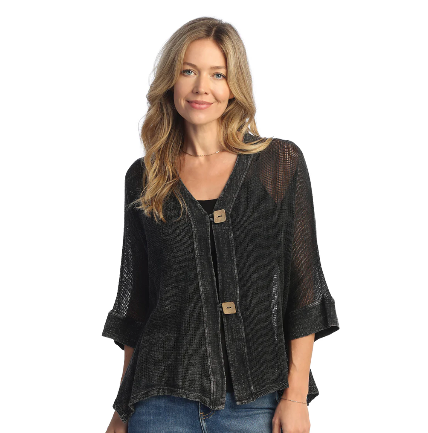 Chaqueta de malla Jess &amp; Jane, dobladillo con volante de 2 botones