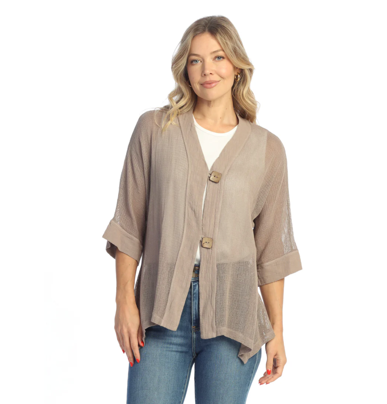 Chaqueta de malla Jess &amp; Jane, dobladillo con volante de 2 botones