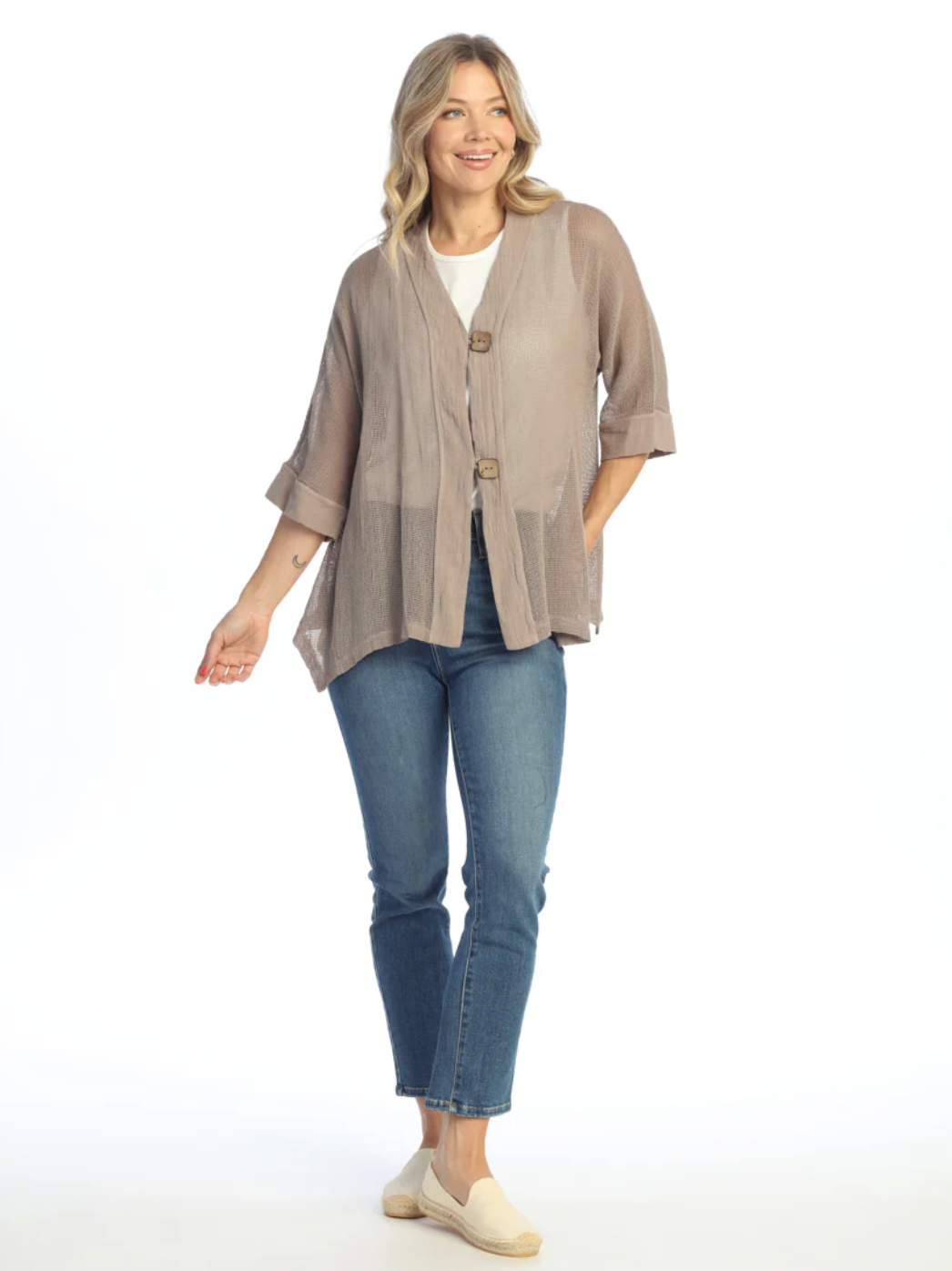 Chaqueta de malla Jess &amp; Jane, dobladillo con volante de 2 botones
